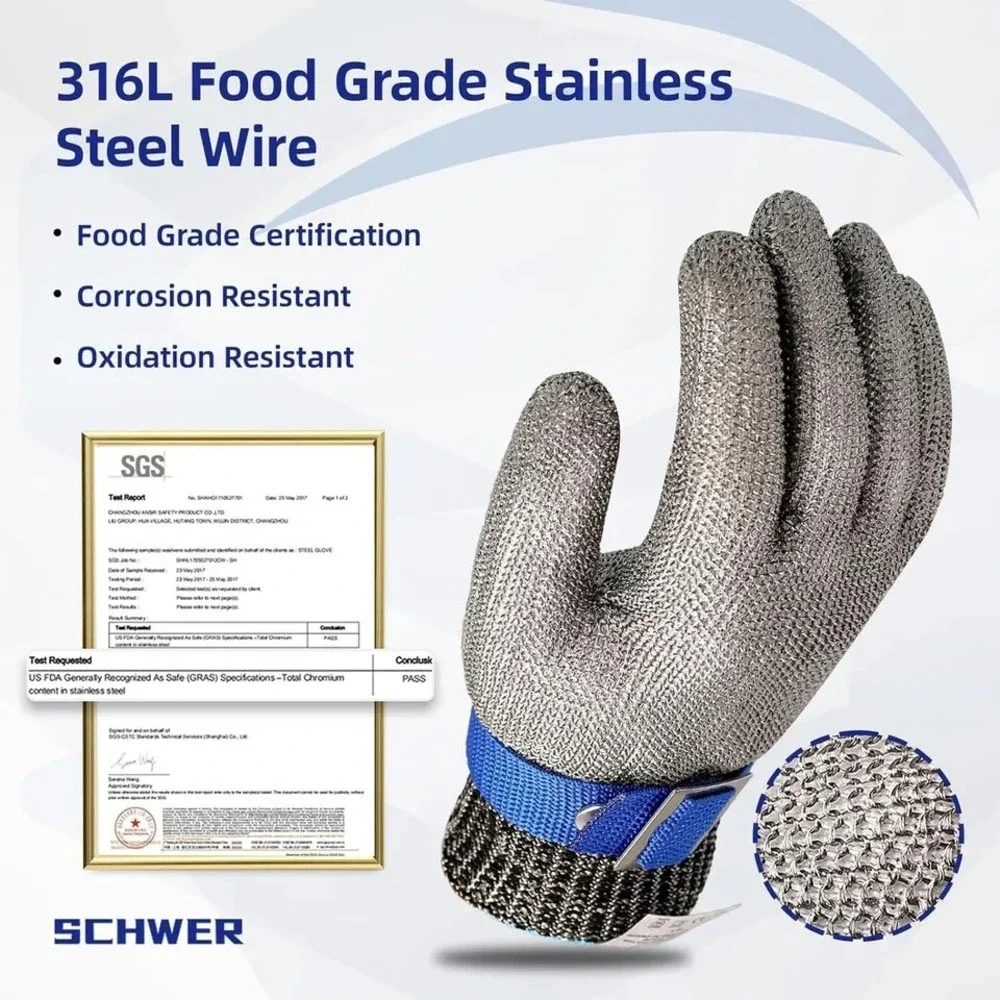 Schwer‎ Cut Resistant Filet Gloves Norwegian Stainless-Steel Mesh sz LARGE